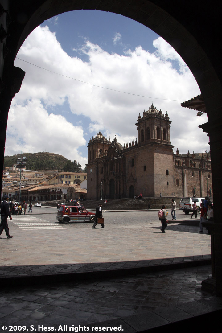 Cusco Cathedral viewd from one of the many porticos fronting the Plaza de Armas